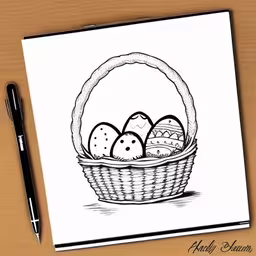 a pen sketch of three eggs in a basket,a notepad with an ink drawing of an easter basket,a sketch of an easter basket with painted eggs,an ink drawing of some kind of basket with eggs inside,a drawing of some eggs in a basket