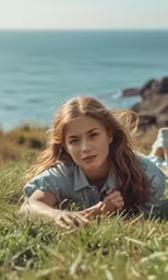 a young woman laying on top of grass next to a body of water