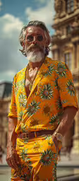 an older man wearing an orange floral suit standing in front of a building,an older man wearing yellow with flowers on it in front of a large building