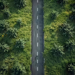 a long road surrounded by lush green trees