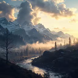 clouds gather above the snow capped mountains and river