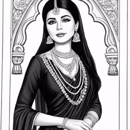 black and white drawing of a woman in indian garb