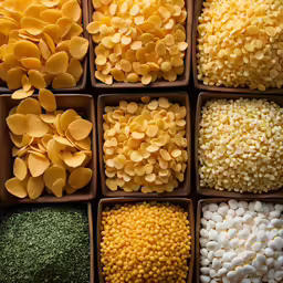 multiple rows of different types of food in bins