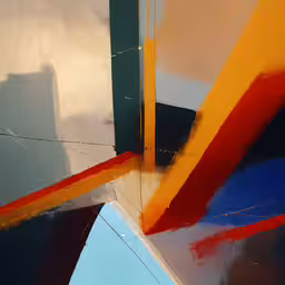 the top of a plane painted orange, blue and grey,a boat sits docked in the water under some sails