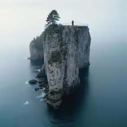 two people are standing on a rock above the water