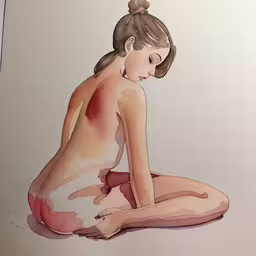 watercolor painting of nude woman sitting on the floor with white background