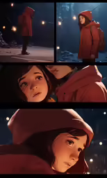 some girl in a red coat in a snowy night