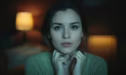 a woman with light blue eyes looking into the camera