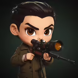 a little kid holding a rifle and looking into it