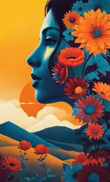 a woman with an ornate blue face and orange flowery hair