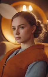 a young lady with a hair bun looks ahead in this photo