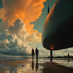 two people standing at the edge of the water under clouds