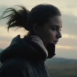 a woman with hair flying up into the air