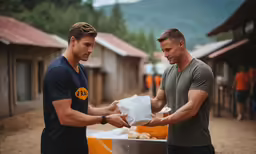 two young men exchanging items in front of buildings