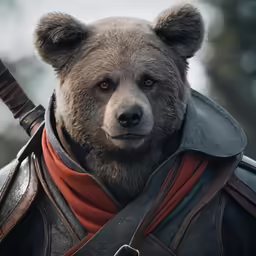 bear wearing leather armor with horns and a chain