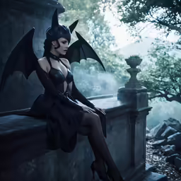 a female dressed in costume sitting on the ledge