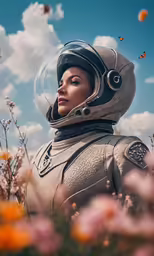 a beautiful lady in a grey jacket is surrounded by flowers
