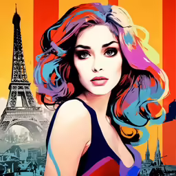 a woman with a very colorful hair is posed in front of the eiffel tower