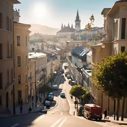 traffic drives through a small city with lots of buildings