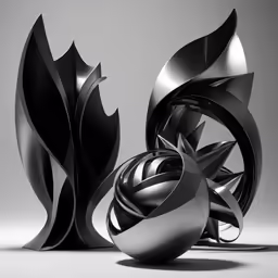 a sphere and an artistic sculpture made out of metal