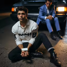 two men in suits sitting by a parked car
