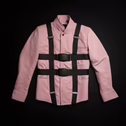 a pink jacket with black straps and a pink shirt collar