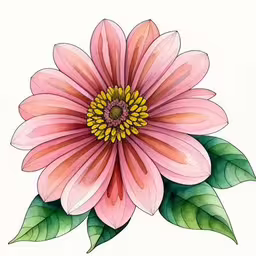 an image of an art piece painted with pastel pencils,a picture of a pink flower on a white background,a pink flower with green leaves is featured on the back of a white paper,this flower is a drawing with colored pencils,an illustrated drawing of a pink flower with green leaves