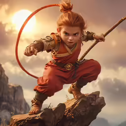 a female ninja holding a large metal stick