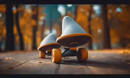 two small skateboards sitting side by side on a wooden floor