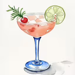 the martini cocktail is prepared to be eaten,the cocktail in the glass is garnished with fruit and garnishments