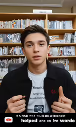 a man is pointing to a sign with two fingers