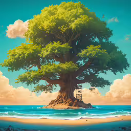 a large tree is sitting on a small island,a painting of a tree and a swing on a small island