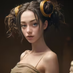 a woman is dressed with a hair piece in her hair