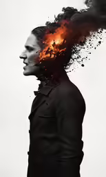 a woman with her face obscured by fire and smoke