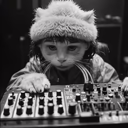 a little girl in a furry hat that is playing dj mixing