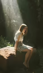 a young woman is sitting on a rock in the sun