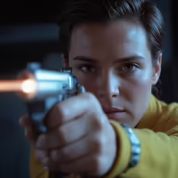 a woman is aiming a revolver at the camera