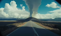 a road with a plumed black substance in the distance