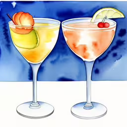 two cocktail glasses are garnished with orange, apple and cinnamon,two martini glasses with fruit and oranges on them,two martinis with fruit in them are served on a white table,two cocktail glasses with fruit and ice on the rim,an image of a painting of two martinis