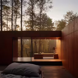 a bed is in front of a forest
