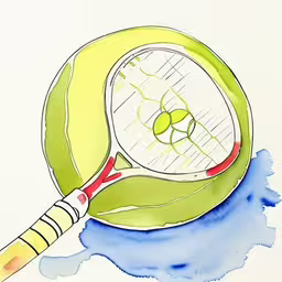 a drawing of a tennis ball with a racquet,a drawing of a tennis racket on top of a green leaf,a drawing of a tennis ball and racket with watercolors,a tennis ball and racket sitting on the side of the wall,a drawing of a tennis racket sitting in front of the tennis ball
