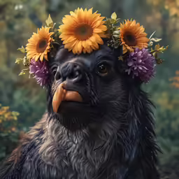 a close up of a dog wearing flowers on its head