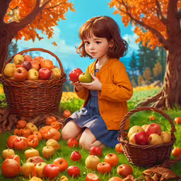 a little girl in a field full of apples,a painting of a young girl holding apples and apples