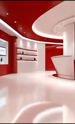 the large room is red and white and the interior lights have lights on them