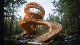 a wooden walkway winding through a forest with rocks
