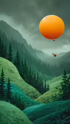 an orange ball is flying low over the forest