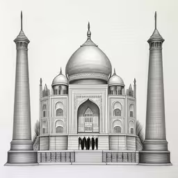 pencil drawing of a large white building in the middle of two tall towers