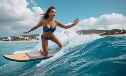 a young lady in a bikini is surfing a wave