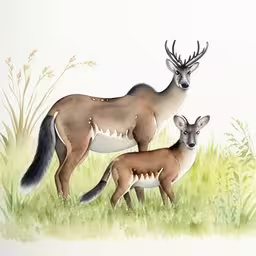 an image of a deer and its baby on the grass,the animal is feeding on some food from the baby