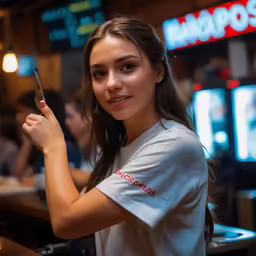 a girl holding a fork standing in front of a table